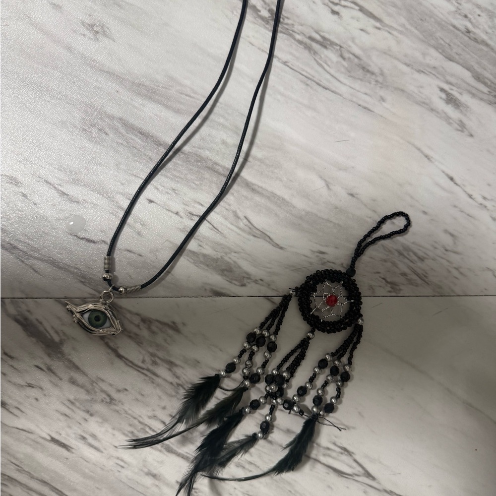 Silver Evil Eye Pendant Necklace & black Dream Catcher Bundle (2 items)